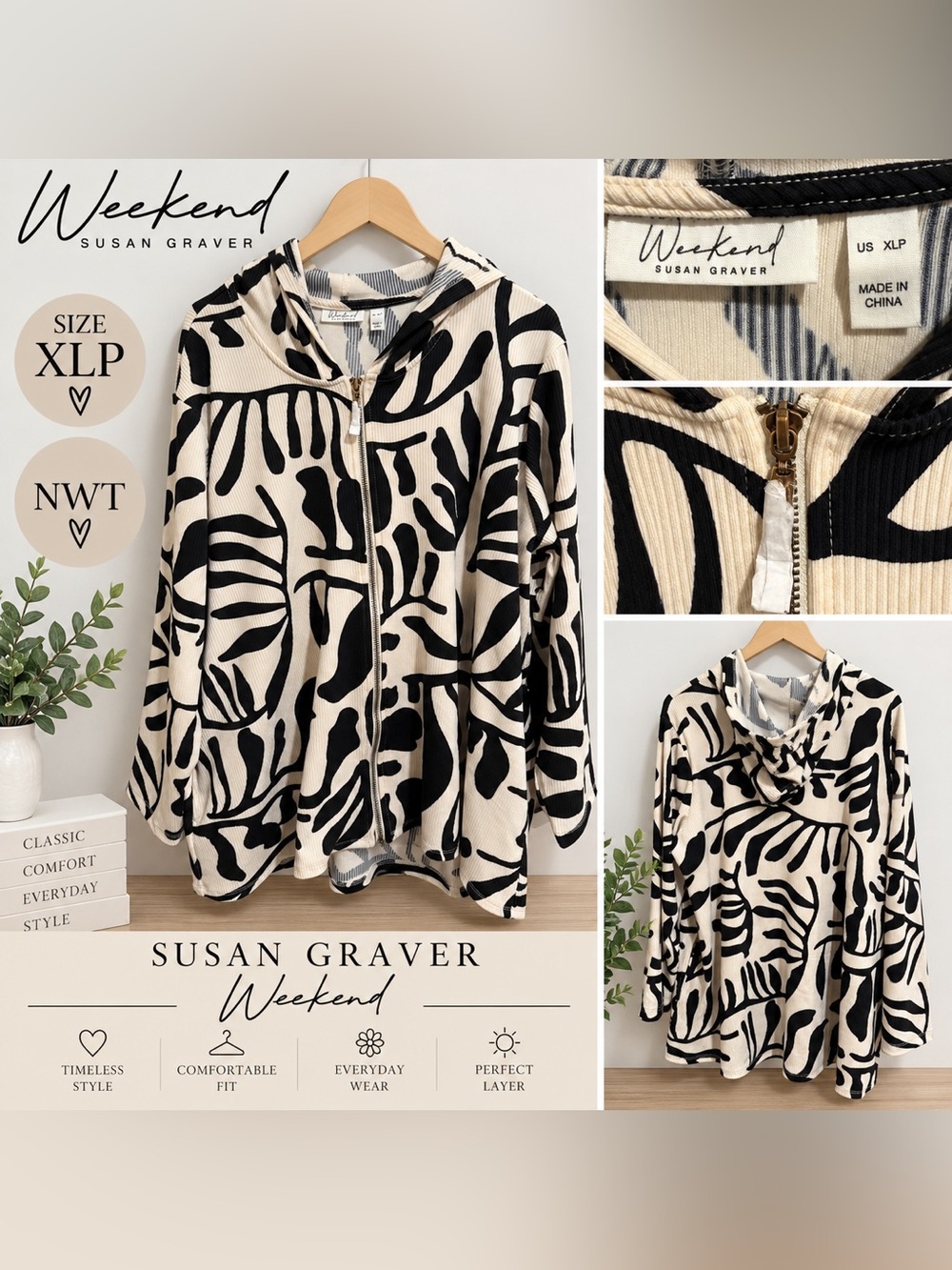 Susan Graver Weekend Black & Cream Hooded Zip Jacket Size XLP NWT